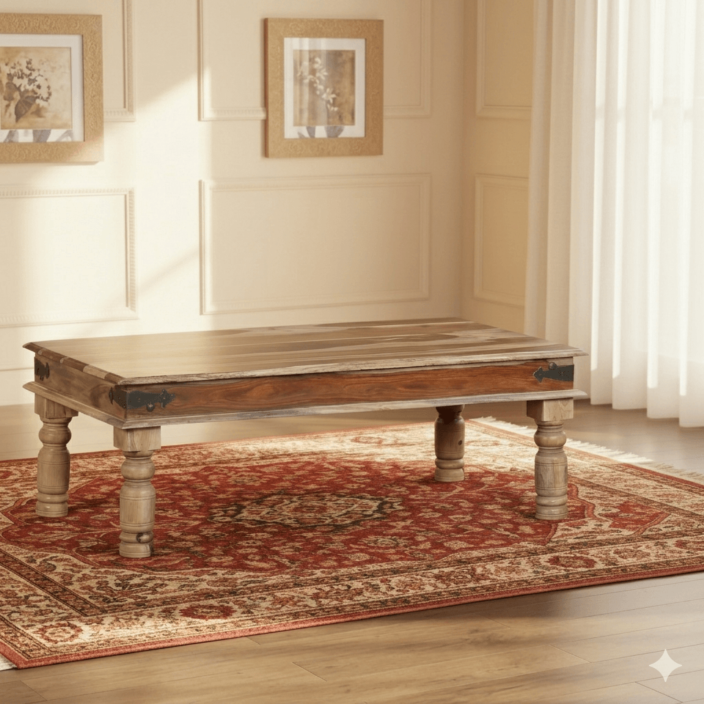 A rectangular wooden coffee table with turned legs and metal accents at the corners.