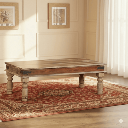 A rectangular wooden coffee table with turned legs and metal accents at the corners.