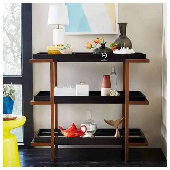 Three Open Shelf Olee Open Rack Made in Solid Mango Wood and Metal Frame. 