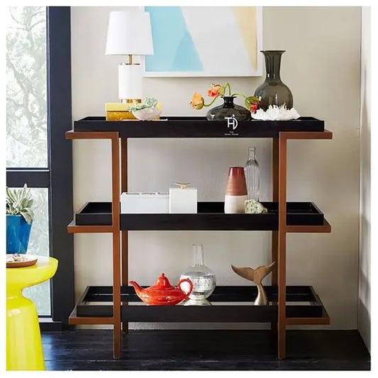 Three Open Shelf Olee Open Rack Made in Solid Mango Wood and Metal Frame. 