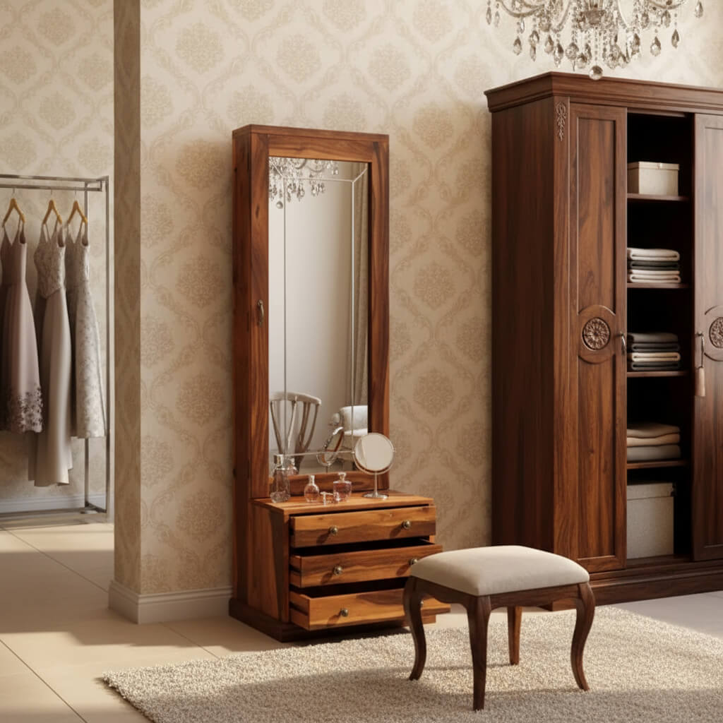 A wooden dressing table with a large mirror, multiple drawers, and a shutter on the side.