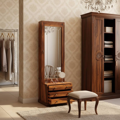 A wooden dressing table with a large mirror, multiple drawers, and a shutter on the side.