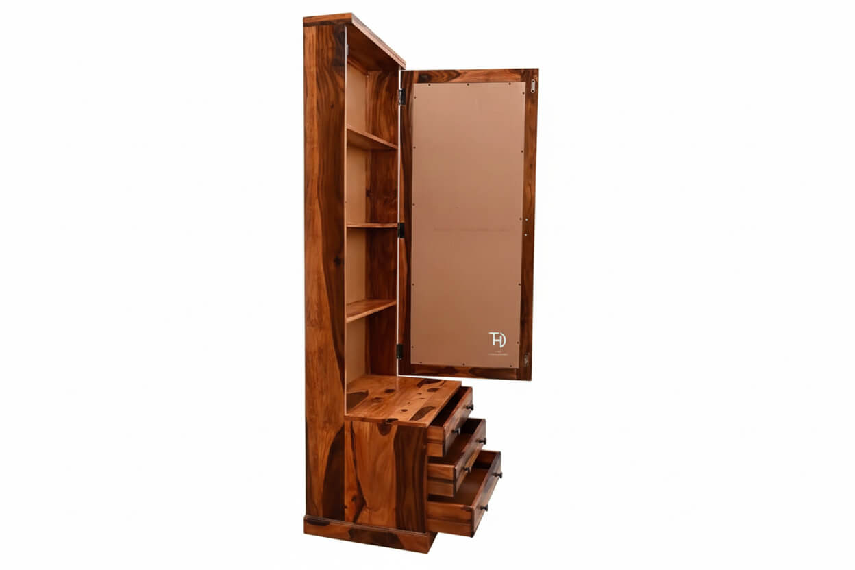 One Storage Glass door and Three drawer Oliver Dressing Table made in Solid Wood. 