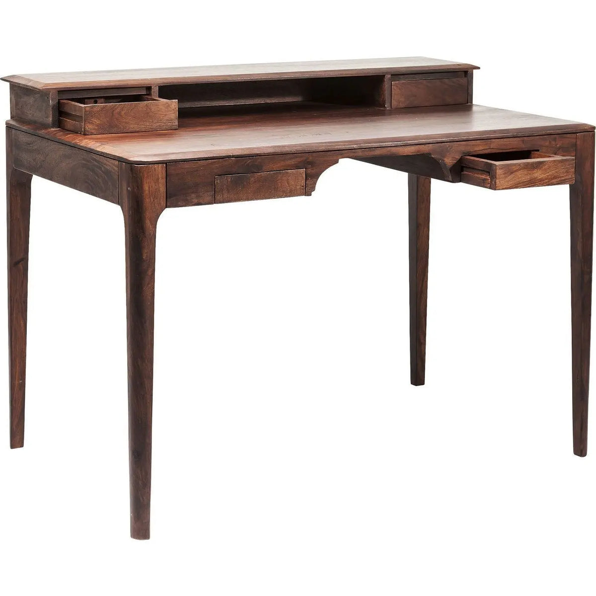 Wooden desk with multiple drawers.