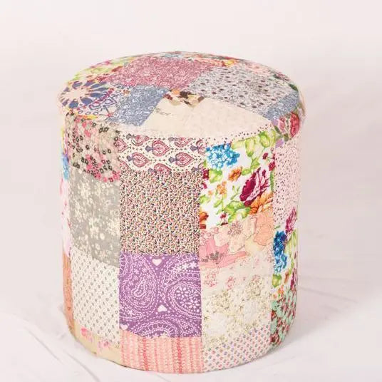 Multicolored patchwork ottoman.