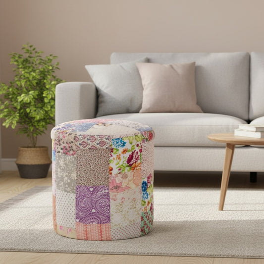 Multicolored patchwork ottoman.