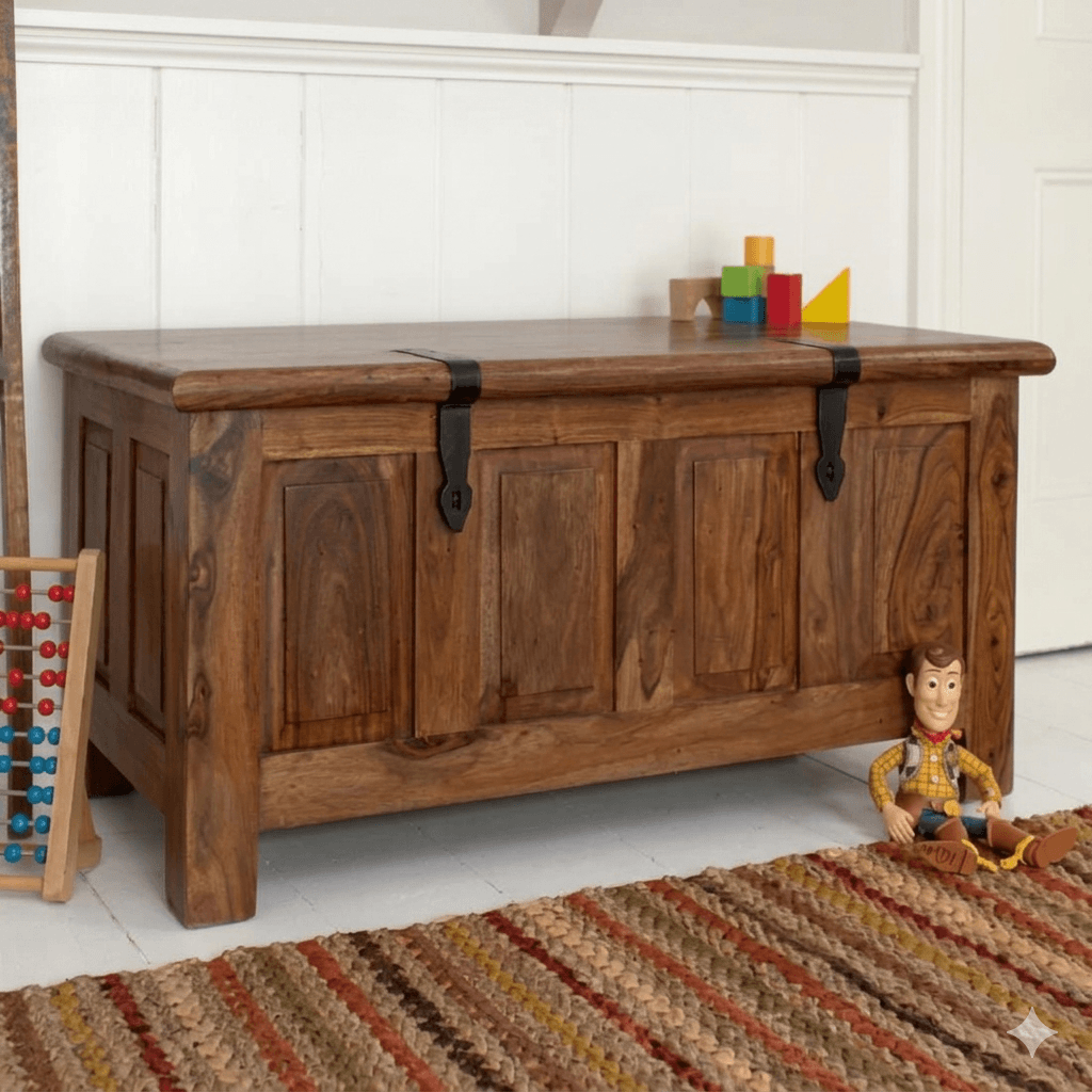A solid wood Panel Trunk storage box made of Sheesham wood with a vintage style lock, hinges, and panels on the front and sides. 