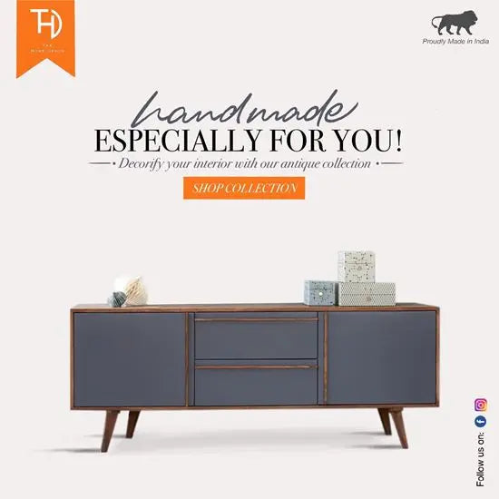  Modern sideboard cabinet with 2 door and 2 drawers, indicating that it is handmade especially for the viewer.