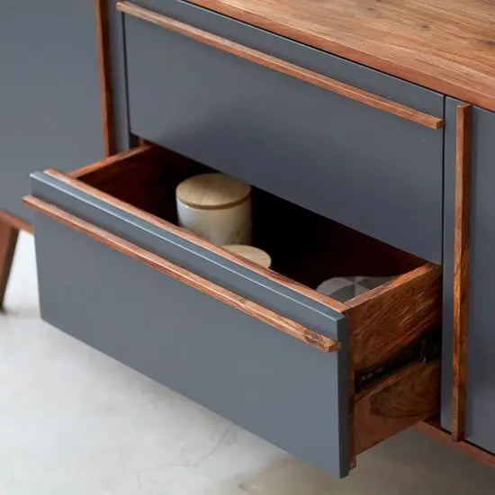 Solid Sheesham Wood Two Door and Two Drawer Pantone Sideboard with Door and Drawer Grey paints. 