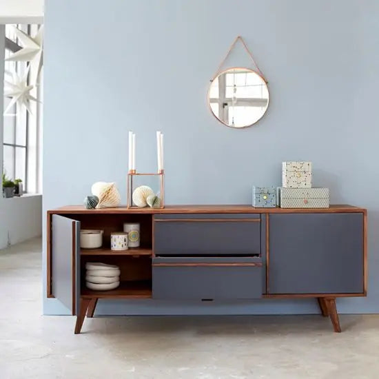Pantone sideboard in modern design with 2 doors and 2 drawers on telescopic channels with sleek tapered legs.