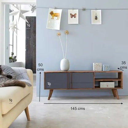 Two Door and Two Open Shelf Pantone Tv Cabinet made in Solid Sheesham Wood and Mdf Doors. 