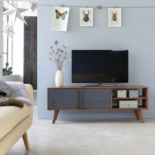 A modern straight-line design Pantone TV cabinet with two doors and two open shelves, made of solid Sheesham wood with MDF doors.