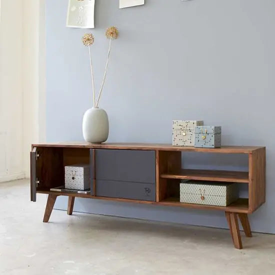 Two Door and Two Open Shelf Pantone Tv Cabinet made in Solid Wood and Mdf Doors. 