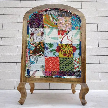 Solid Mango Wood Patchwork Chair with Stool in cotton patch fabric and Mango natural finish.