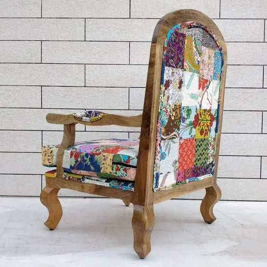 Mango Wood Patchwork Chair with Stool in cotton patch fabric and Mango natural finish.