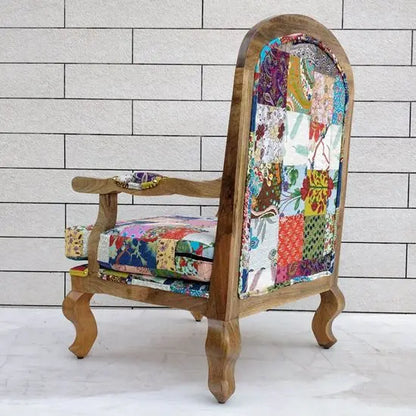 Mango Wood Patchwork Chair with Stool in cotton patch fabric and Mango natural finish.