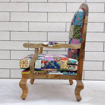 Wooden Patchwork Chair with Stool in cotton patch fabric and Mango natural finish.