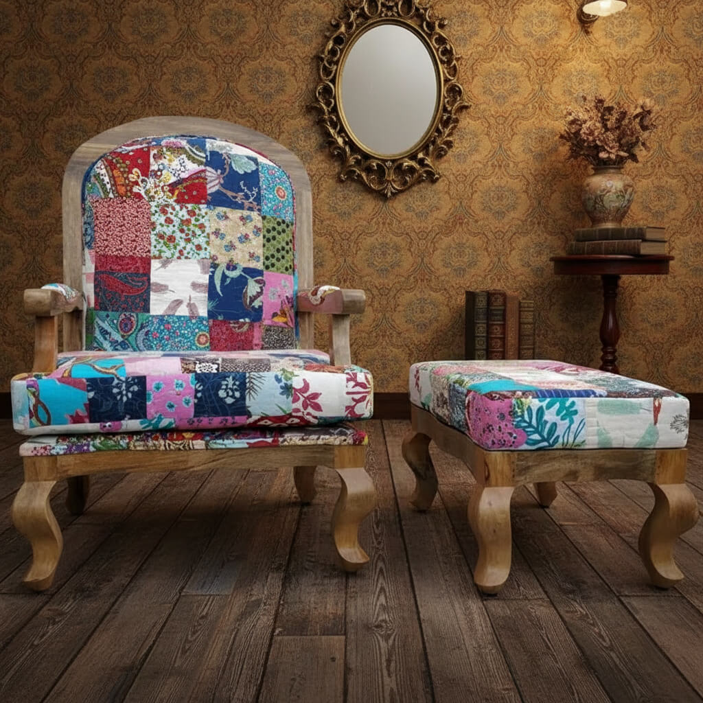 An assorted patchwork chair with a stool, featuring a patchwork fabric upholstery with multicolored patch designs.