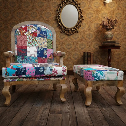 An assorted patchwork chair with a stool, featuring a patchwork fabric upholstery with multicolored patch designs.
