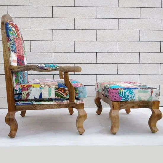 Mango Wood Patchwork Chair with Stool in cotton patch fabric and Mango natural finish.