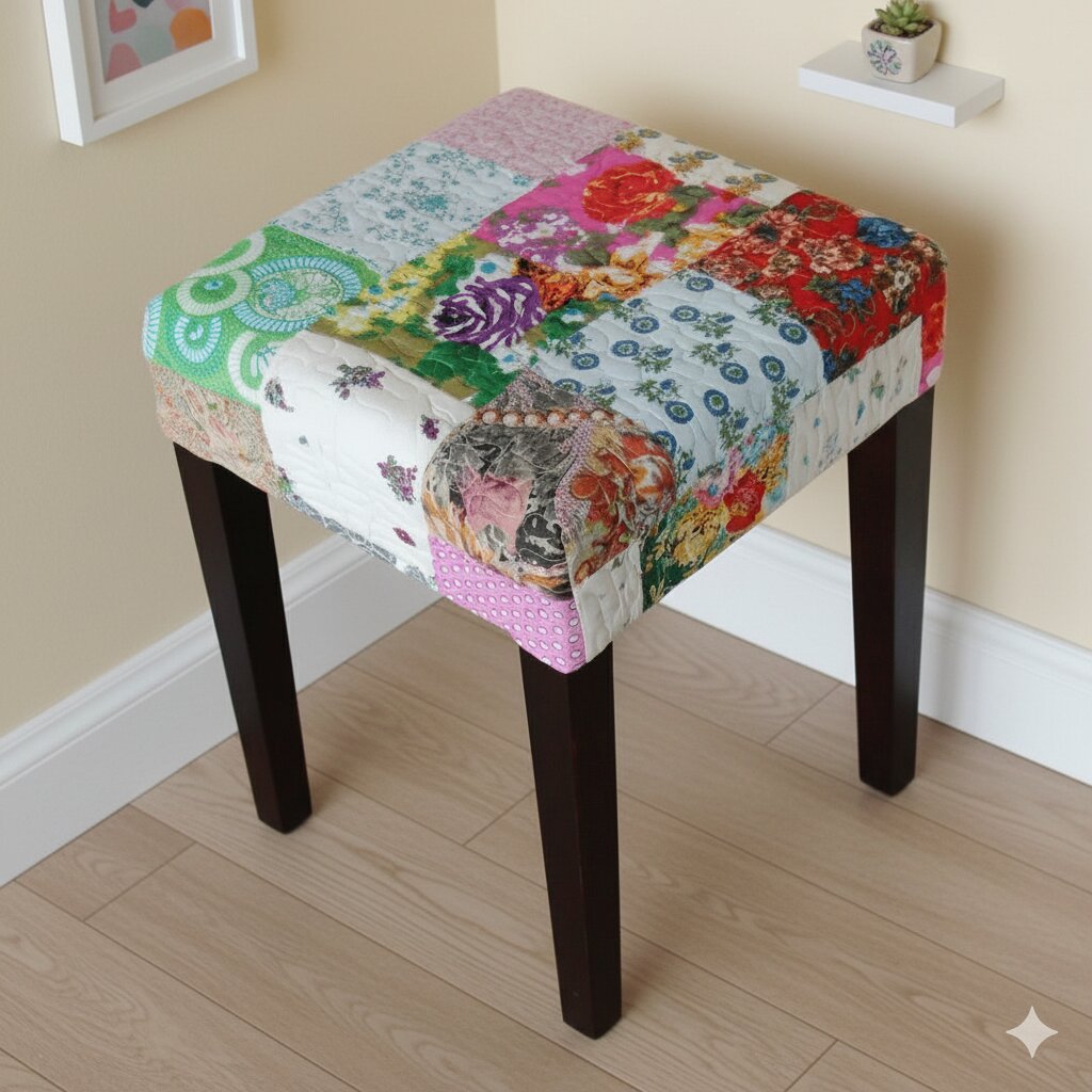 Stool with a colorful patchwork cover Made in Solid sheesham wood.