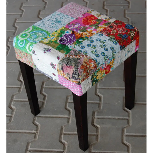 Stool with a colorful patchwork cover Made in Solid sheesham wood. 