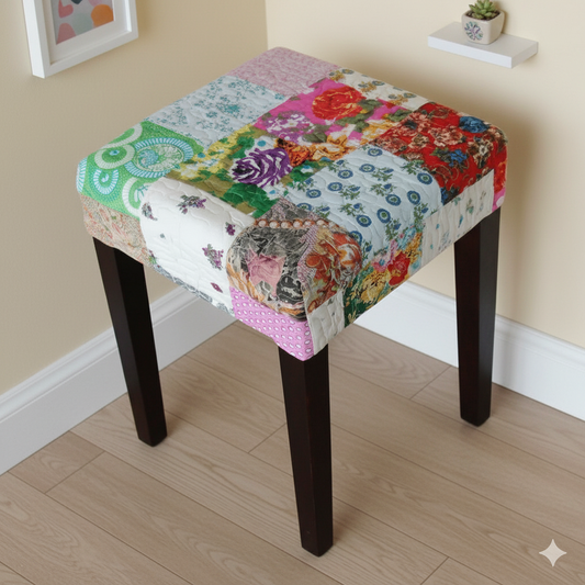 Stool with a colorful patchwork cover Made in Solid sheesham wood.