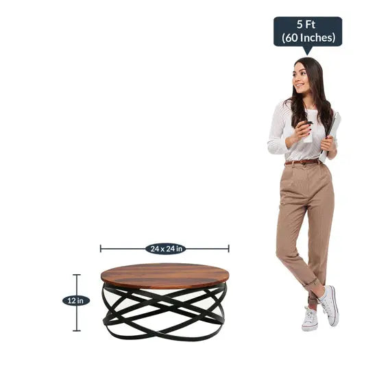 wooden top and Metal Frame round shaped low height Patti coffee table. 