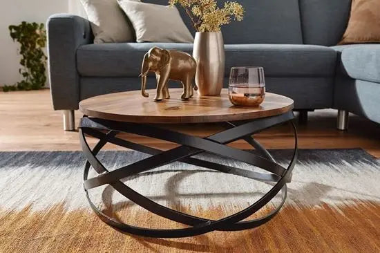 Solid wood top and Metal Frame round shaped low height Patti coffee table. 