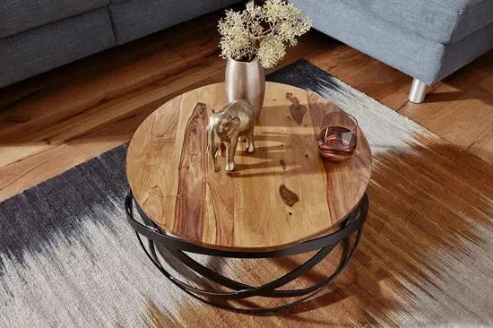 Solid sheesham wood top and Metal Frame round shaped low height Patti coffee table. 