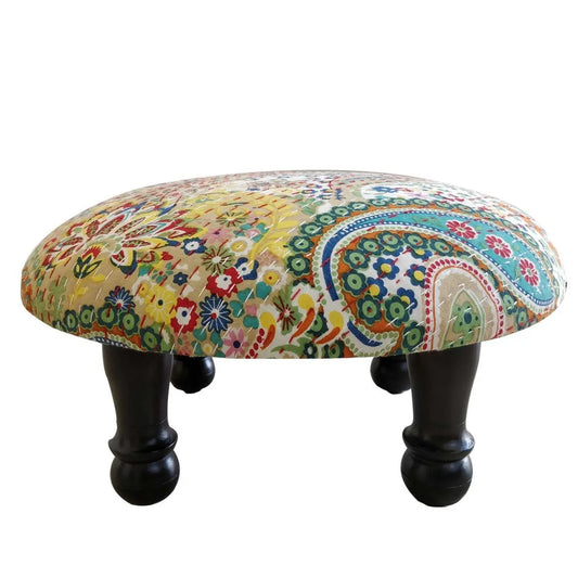 Solid Wood Round Shaped Carving Leg Pejali Chowki cream. 