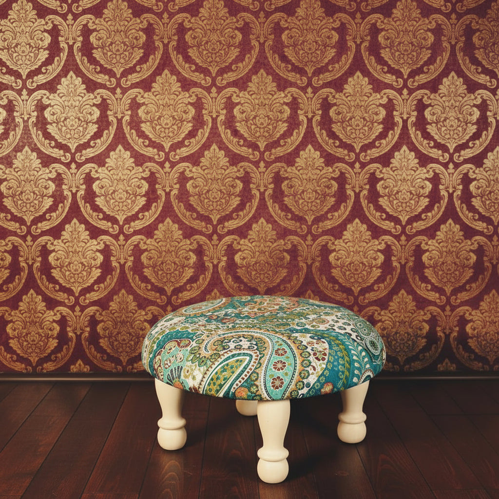 Hand printed fabric stool.
