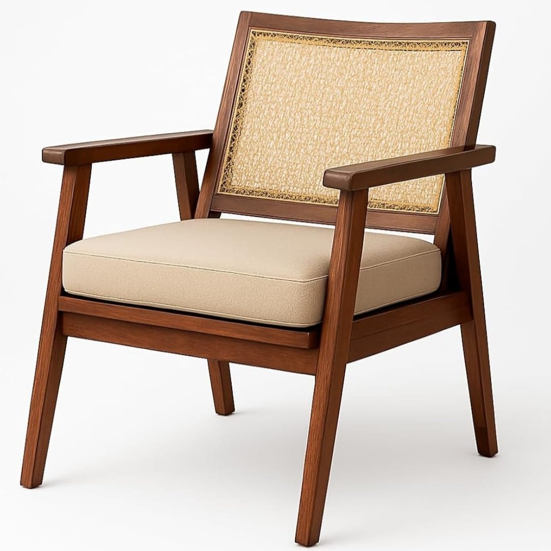 A mid-century modern armchair with a warm brown wooden frame, a beige woven cane backrest, and a matching beige seat cushion.