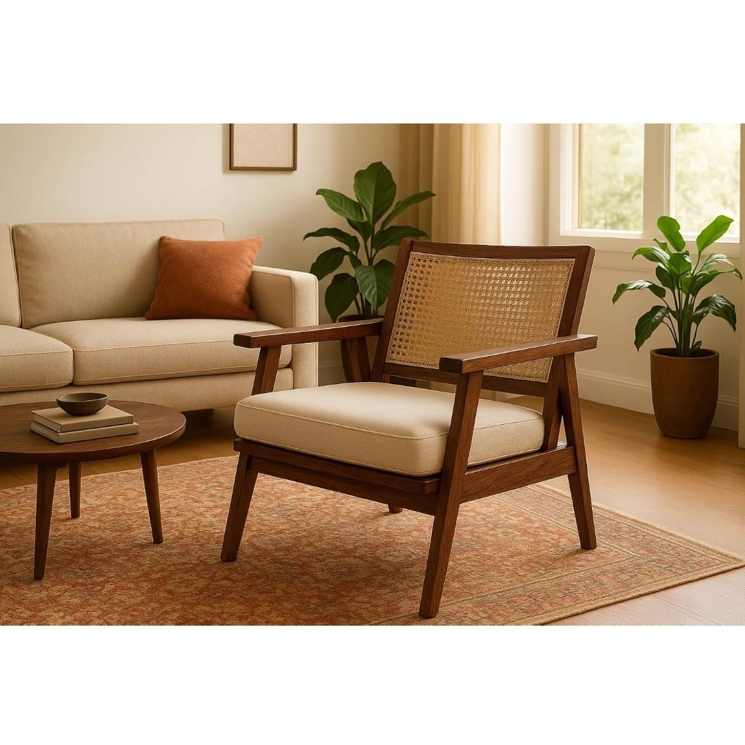 A mid-century modern wooden armchair with a woven cane backrest and cream cushions, styled in a warm, sunlit living room next to a beige sofa.