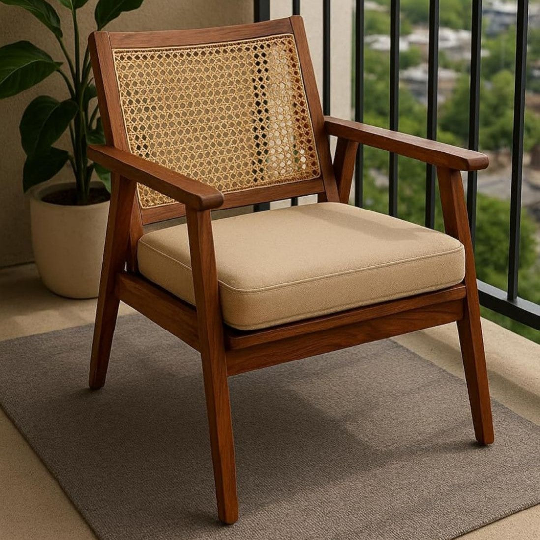 Solid wood and natural rattan Pierre Armchair.  