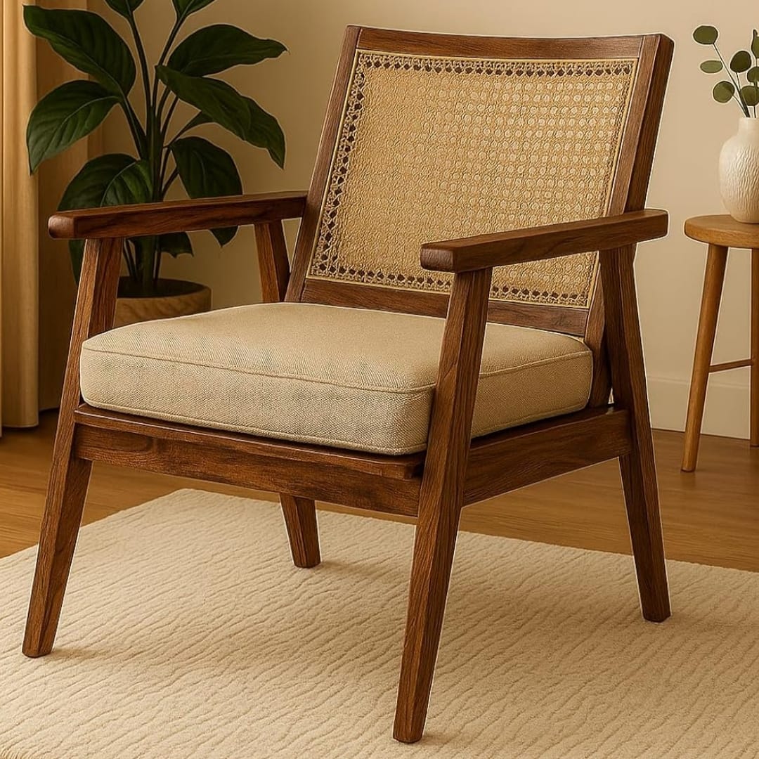 A mid-century modern wooden armchair with a woven cane backrest and beige upholstered seat cushion.