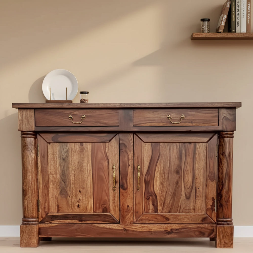 Two Door and Two Drawer Piller Buffet made in Solid Sheesham Wood. Piller Buffet usable in Dining room areas for keeps kitchen utensil. 