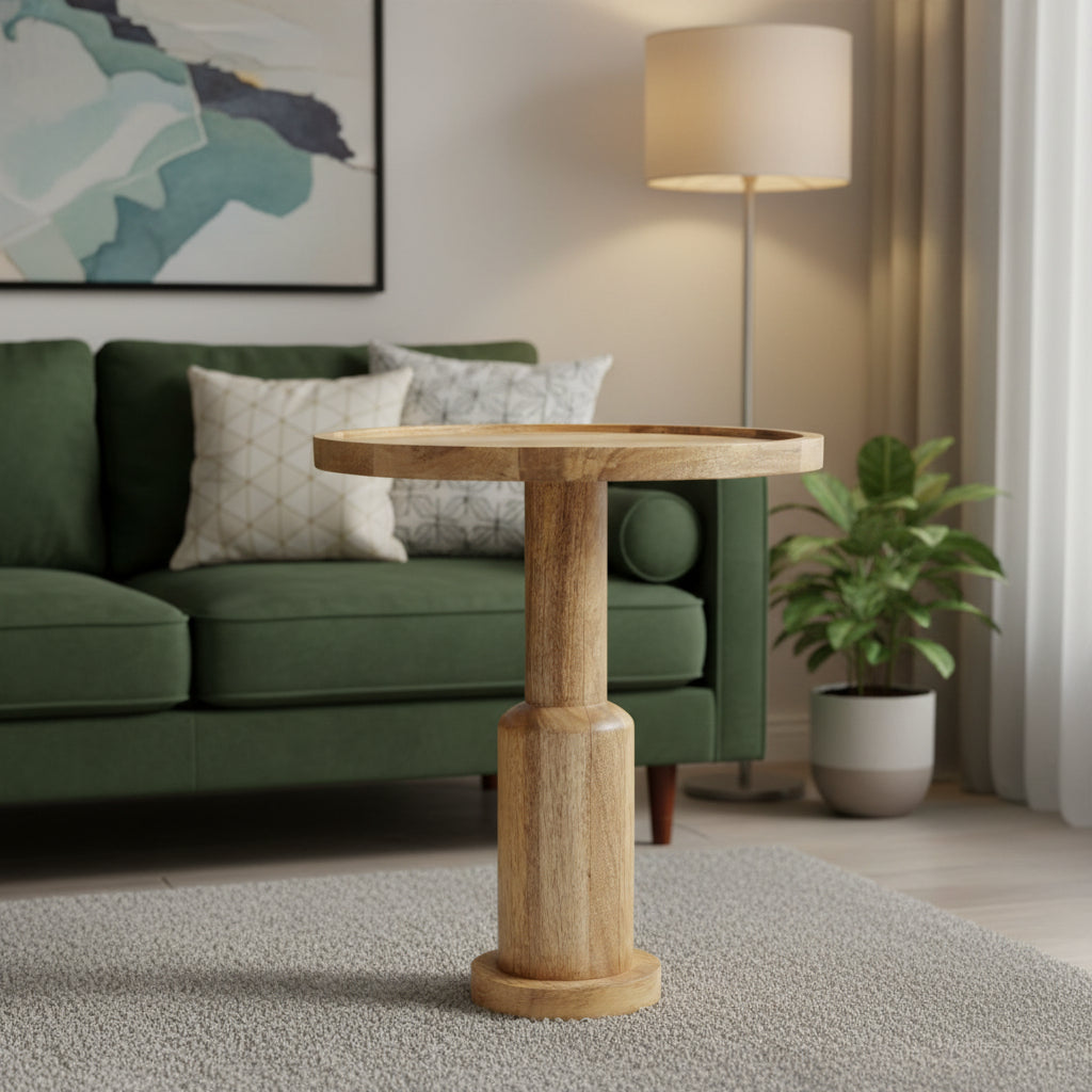 Solid wood round shaped Pillar side table with a single columnar support.