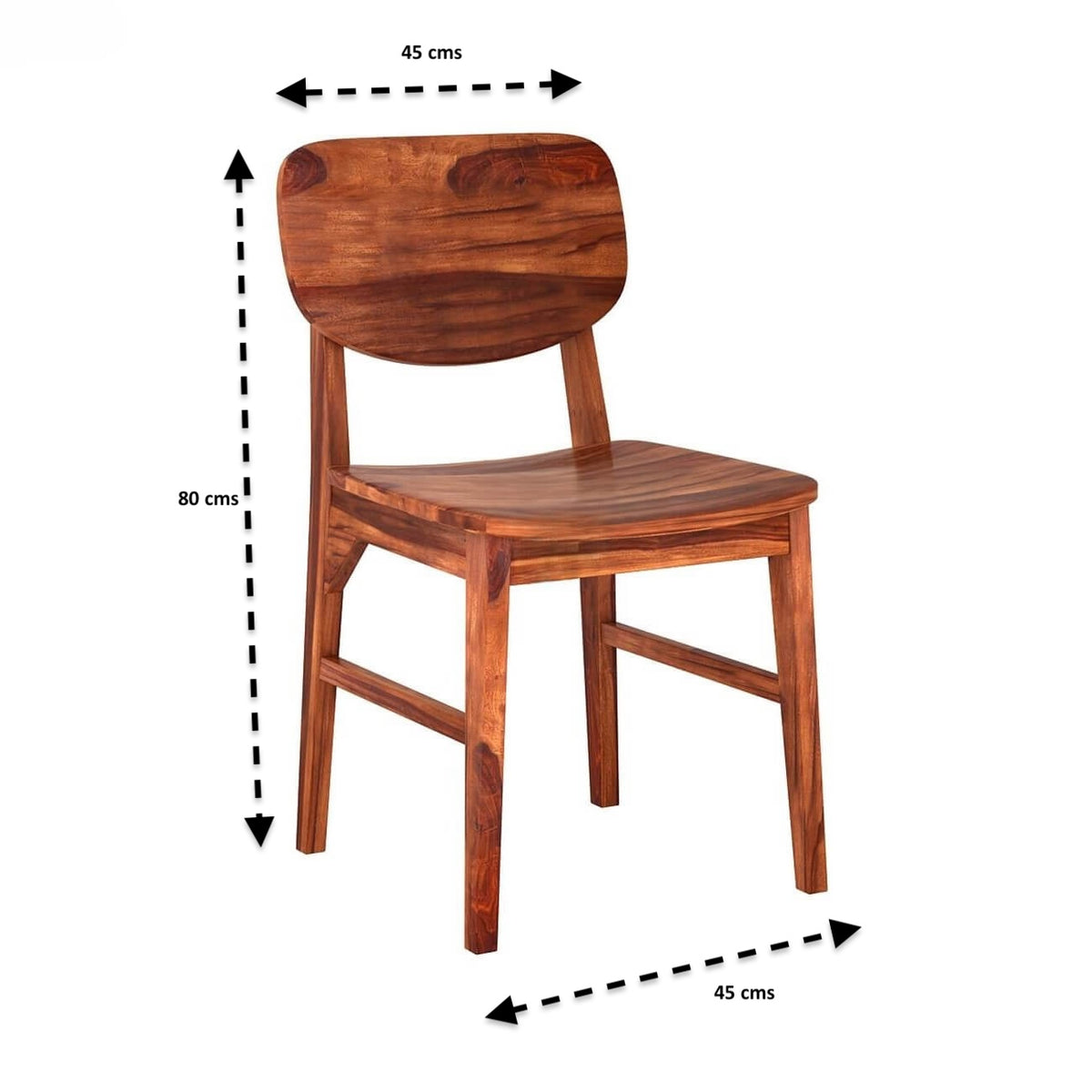 A wooden dining chair with black dimension arrows and labels indicating 80 cm height, 45 cm width, and 45 cm depth.