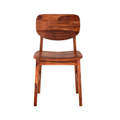 A single wooden dining chair with a rounded backrest, curved seat, and four legs.