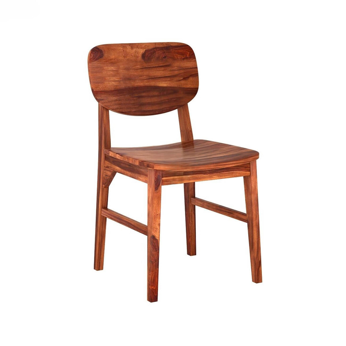 A wooden dining chair with a curved backrest, slatted seat, and four legs.