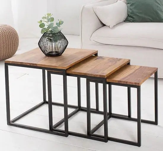 Sheesham Wood and Metal Frame Simplistic Design Pollo Stools Set Three Pcs. 