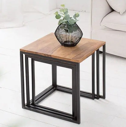 Simplistic Design Pollo Stools Set Three Pcs Made in Solid Sheesham Wood and Metal Frame. 