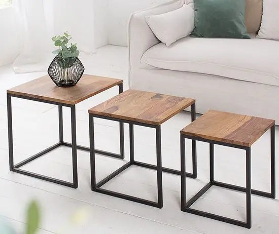 Solid Wood and Metal Frame Simplistic Design Pollo Stools Set Three Pcs. 