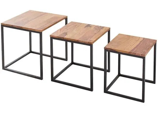 Solid Sheesham Wood and Metal Frame Simplistic Design Pollo Stools Set Three Pcs. 