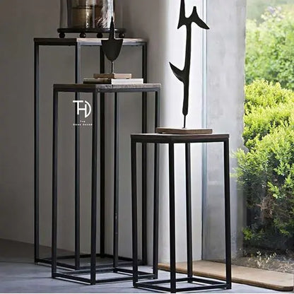 Polo Stools set 3 Pcs Frame Metal & Top Solid Mango Wood. 