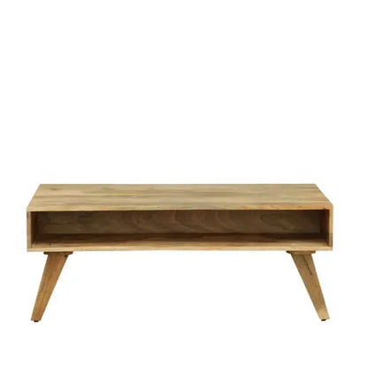 Wooden rectangular Quatro Coffee Table with multicolored drawers and open shelves. 