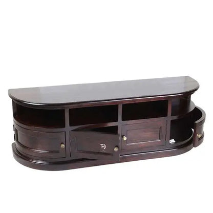 Round corner Four Door and Four Open Shelf radhe krishan tv cabinet made in mango wood.  