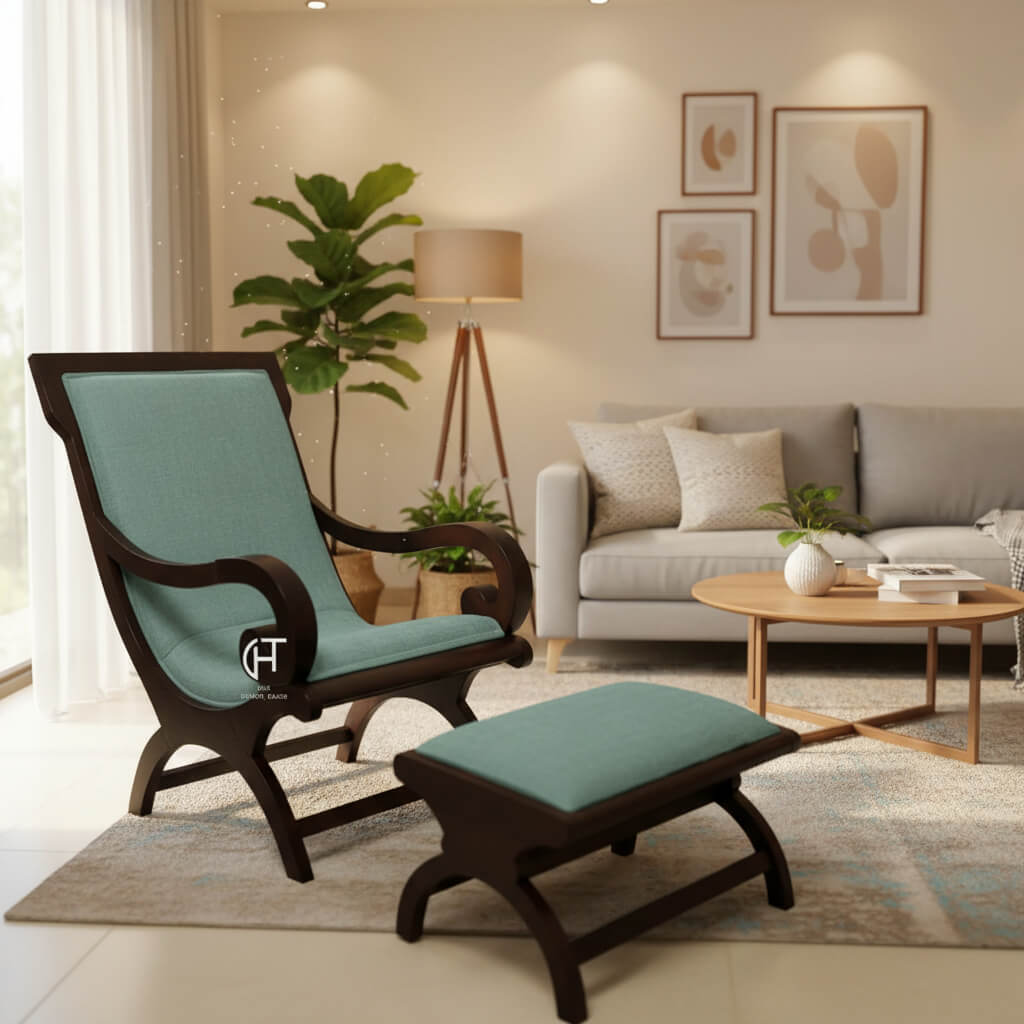 A green upholstered Rambo relax chair with a matching stool, made of Sheesham wood with walnut stain finish.