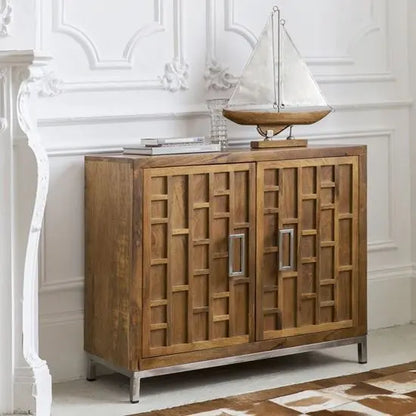 Two Door With SS handle Ran Two Door Sideboard Made in Solid Mango Wood and SS Frame. 